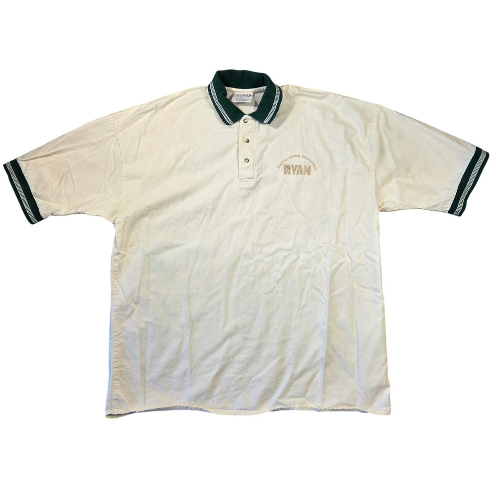 Vintage Crystal Springs Men XL Cream Polo Shirt Green Trim Cotton Ryan 90s Retro